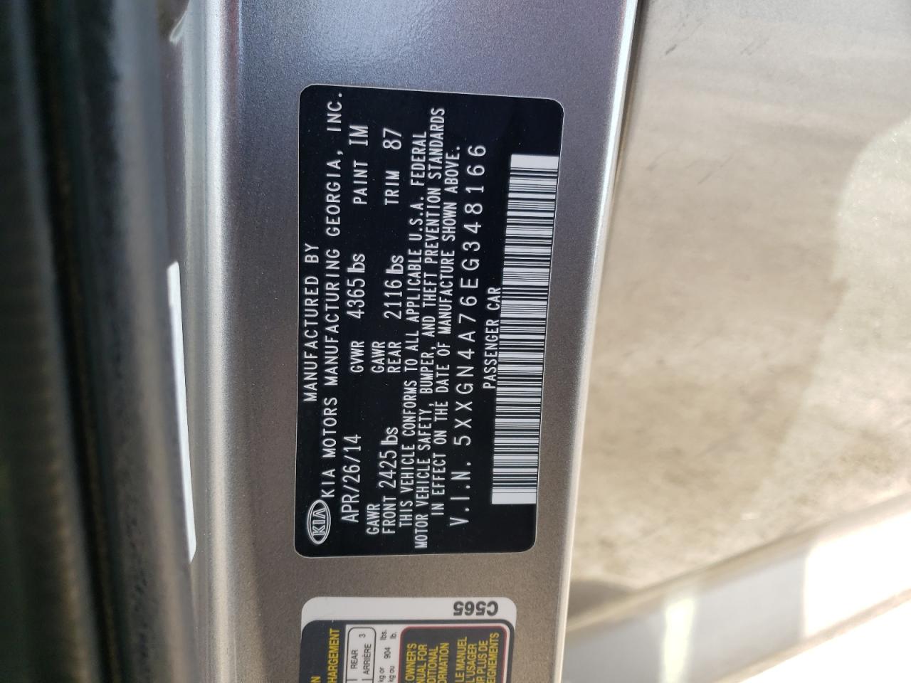 Photo 10 from auction – 2014 KIA OPTIMA EX with VIN 5XXGN4A76EG348166