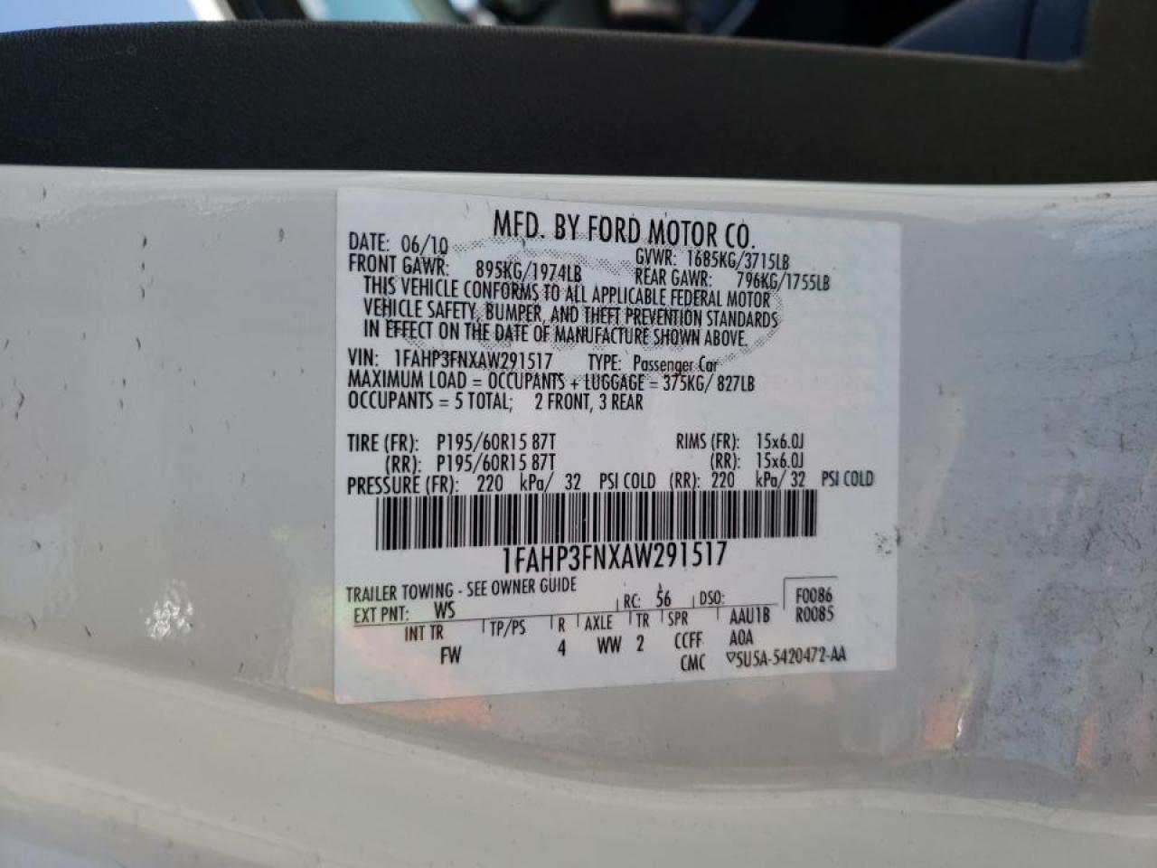 Photo 10 from auction – 2010 FORD FOCUS SE with VIN 1FAHP3FNXAW291517