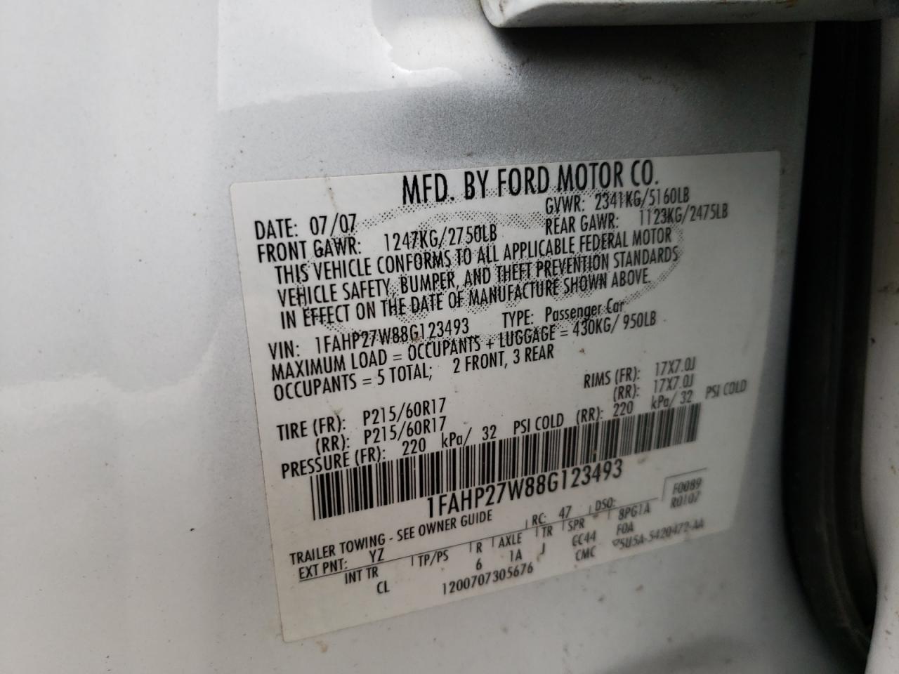 Photo 10 from auction – 2008 FORD TAURUS SEL with VIN 1FAHP27W88G123493