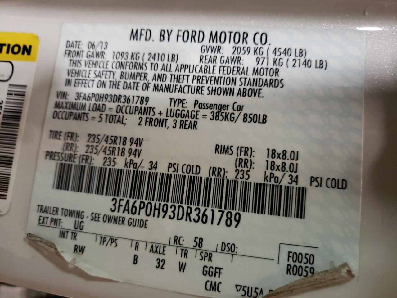Photo 10 from auction – 2013 FORD FUSION SE with VIN 3FA6P0H93DR361789