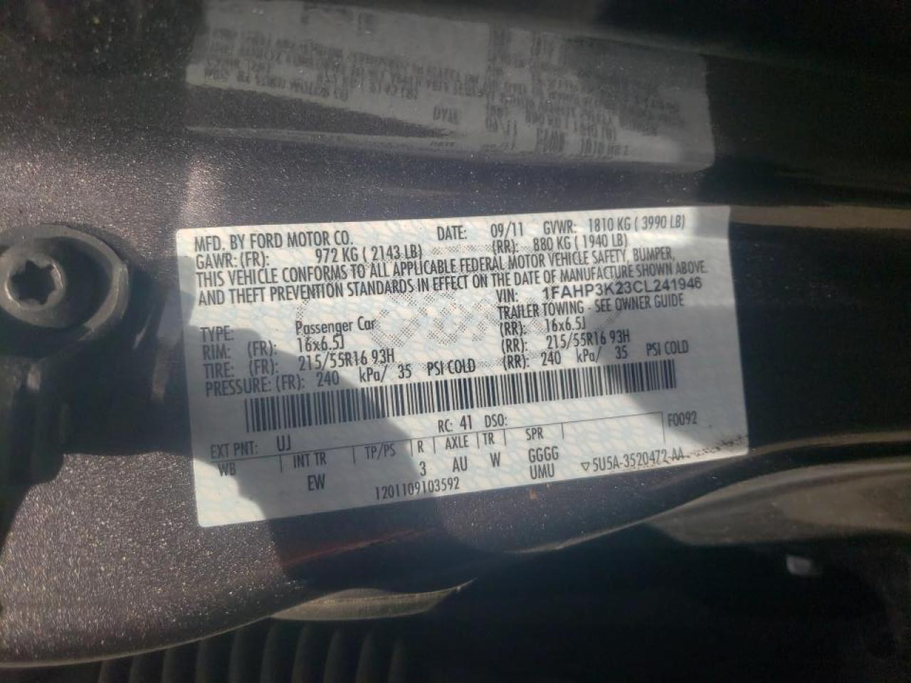 Photo 10 from auction – 2012 FORD FOCUS SE with VIN 1FAHP3K23CL241946