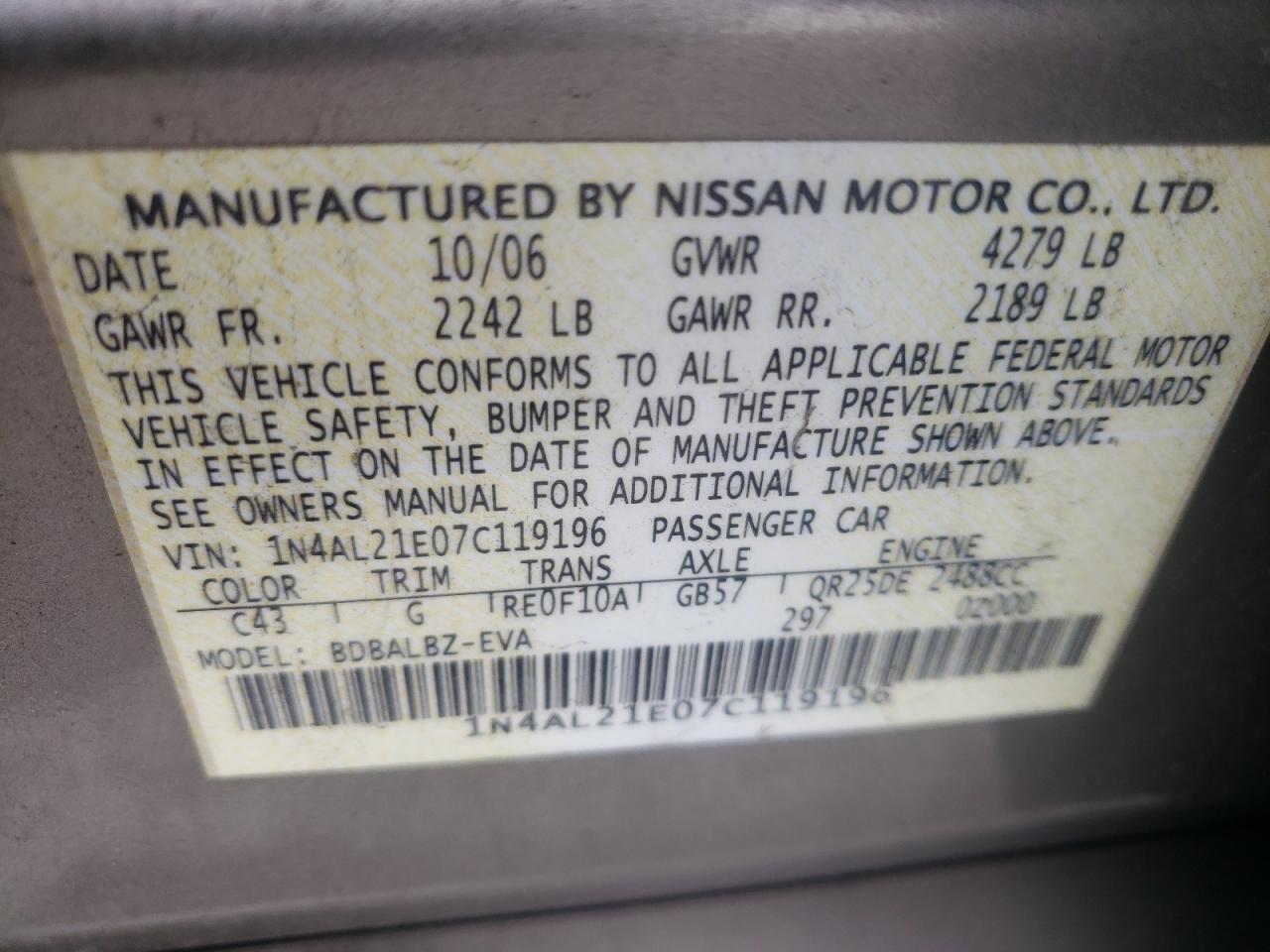 Photo 10 from auction – 2007 NISSAN ALTIMA 2.5 with VIN 1N4AL21E07C119196