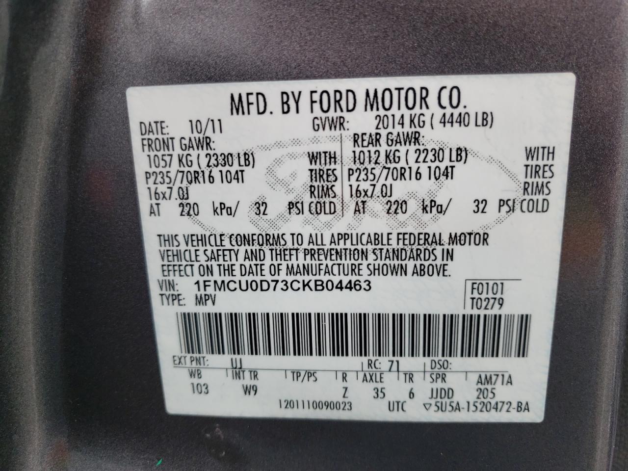 Photo 10 from auction – 2012 FORD ESCAPE XLT with VIN 1FMCU0D73CKB04463