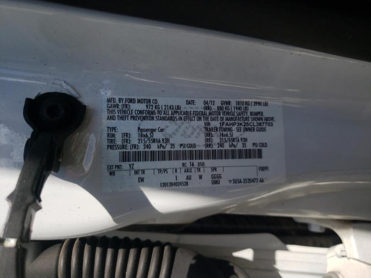 Photo 10 from auction – 2012 FORD FOCUS SE with VIN 1FAHP3K25CL387703