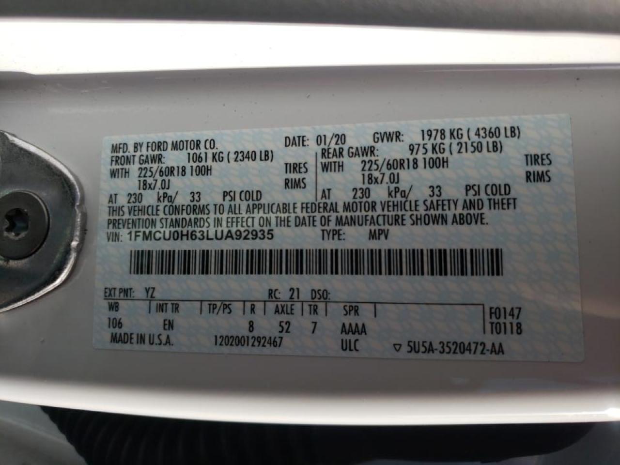 Photo 10 from auction – 2020 FORD ESCAPE SEL with VIN 1FMCU0H63LUA92935