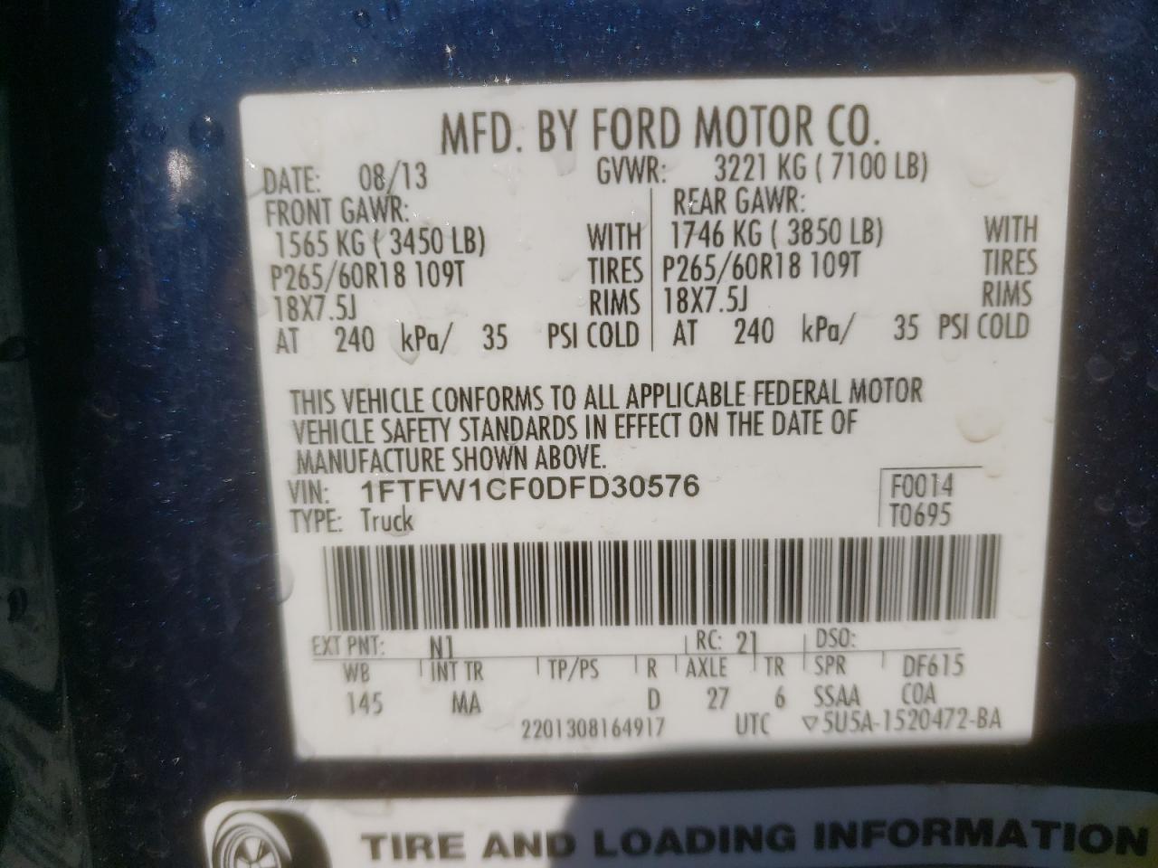 Photo 10 from auction – 2013 FORD F150 SUPER with VIN 1FTFW1CF0DFD30576