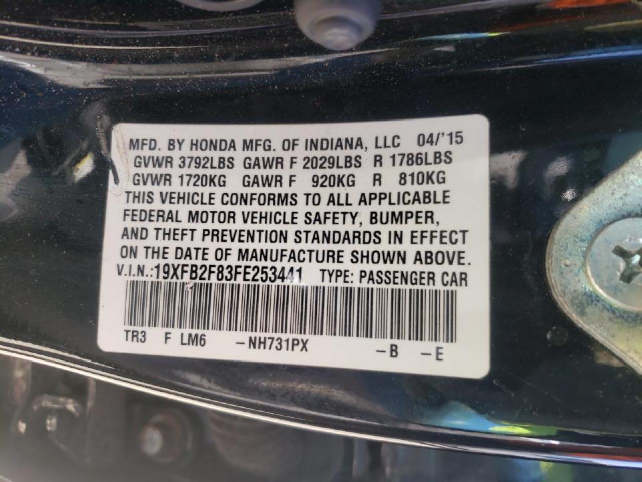 Photo 10 from auction – 2015 HONDA CIVIC EX with VIN 19XFB2F83FE253441