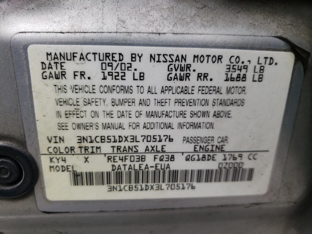 Photo 10 from auction – 2003 NISSAN SENTRA XE with VIN 3N1CB51DX3L705176