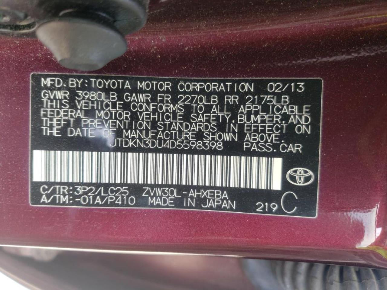 Photo 10 from auction – 2013 TOYOTA PRIUS with VIN JTDKN3DU4D5598398