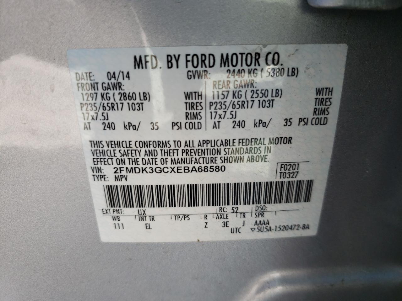 Photo 10 from auction – 2014 FORD EDGE SE with VIN 2FMDK3GCXEBA68580