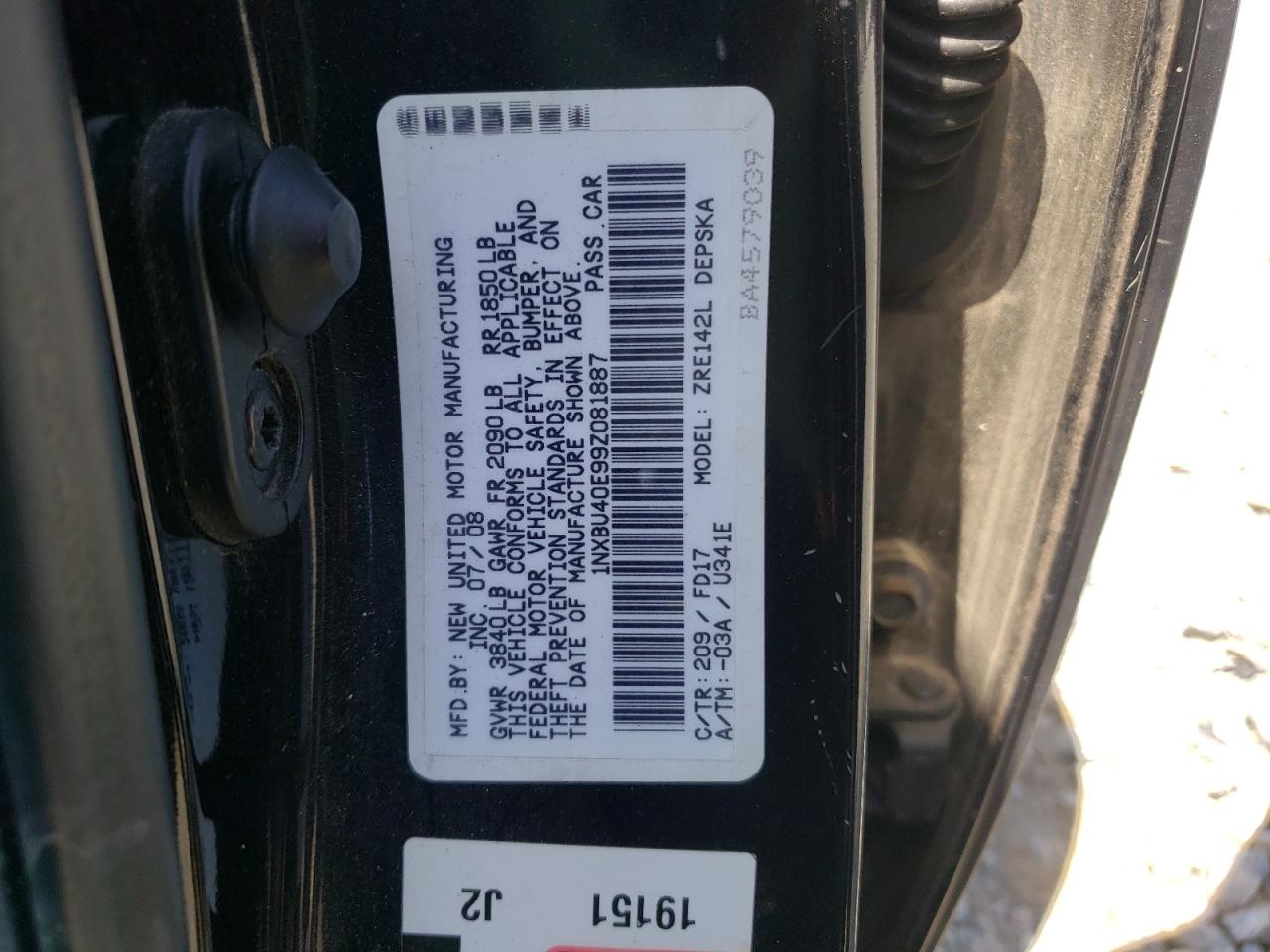 Photo 10 from auction – 2009 TOYOTA COROLLA BA with VIN 1NXBU40E99Z081887