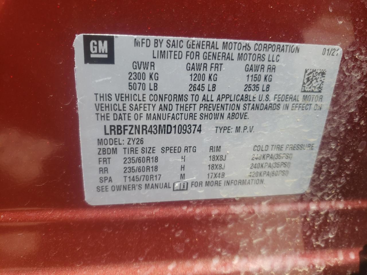 Photo 10 from auction – 2021 BUICK ENVISION E with VIN LRBFZNR43MD109374