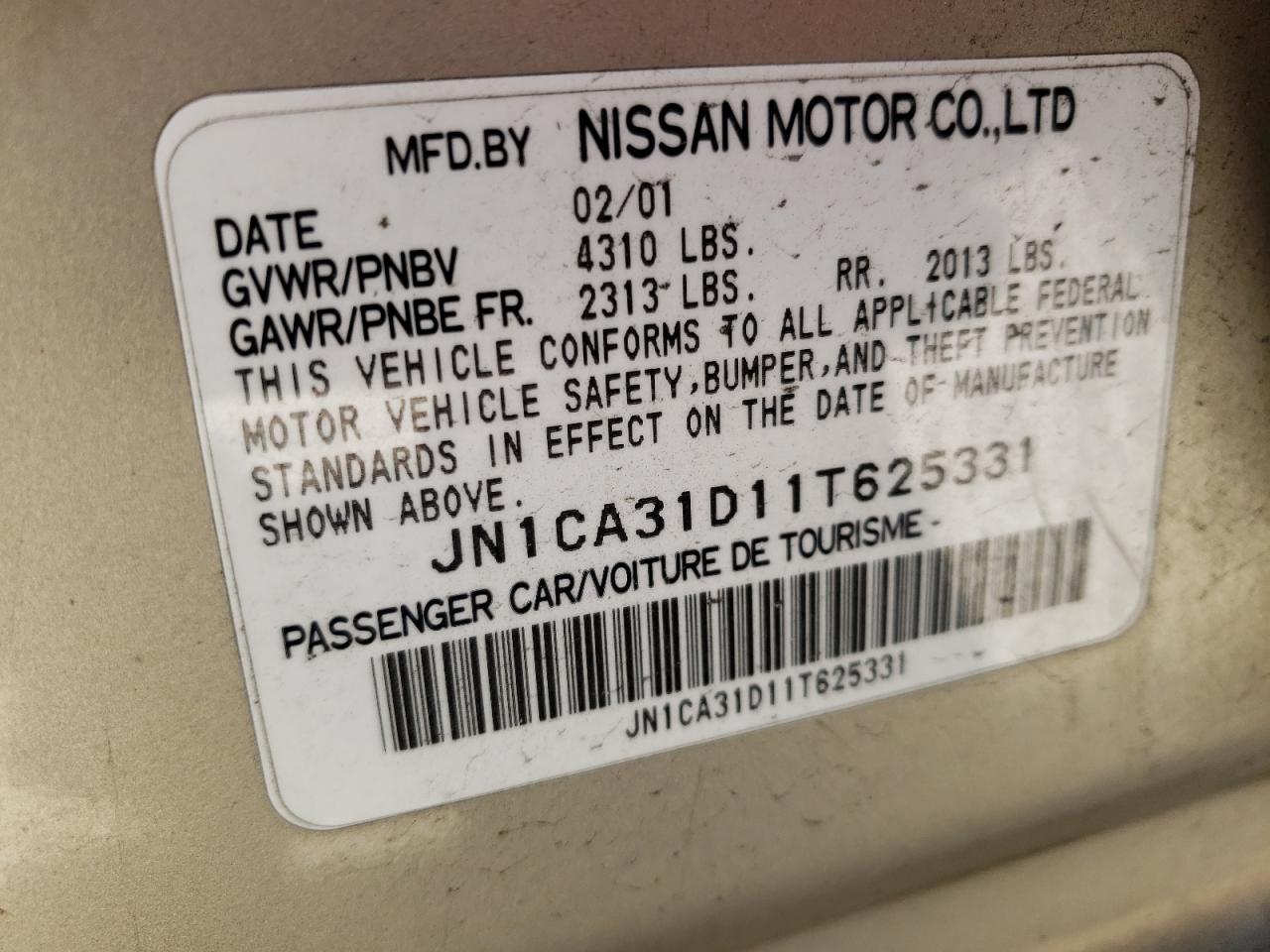 Zdjęcie 10 z aukcji – 2001 NISSAN MAXIMA GXE z VIN JN1CA31D11T625331