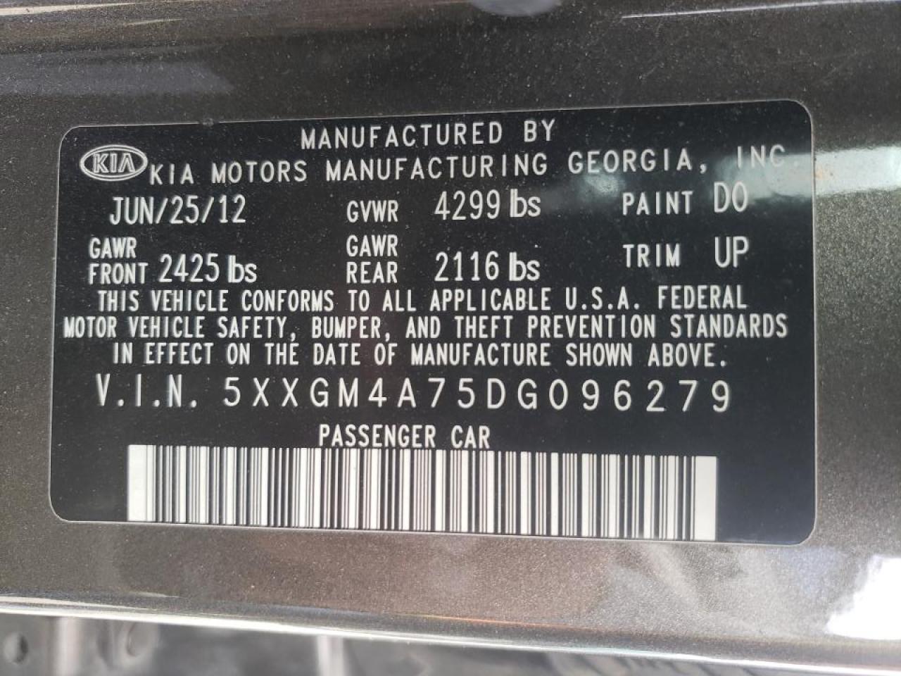 Photo 10 from auction – 2013 KIA OPTIMA LX with VIN 5XXGM4A75DG096279