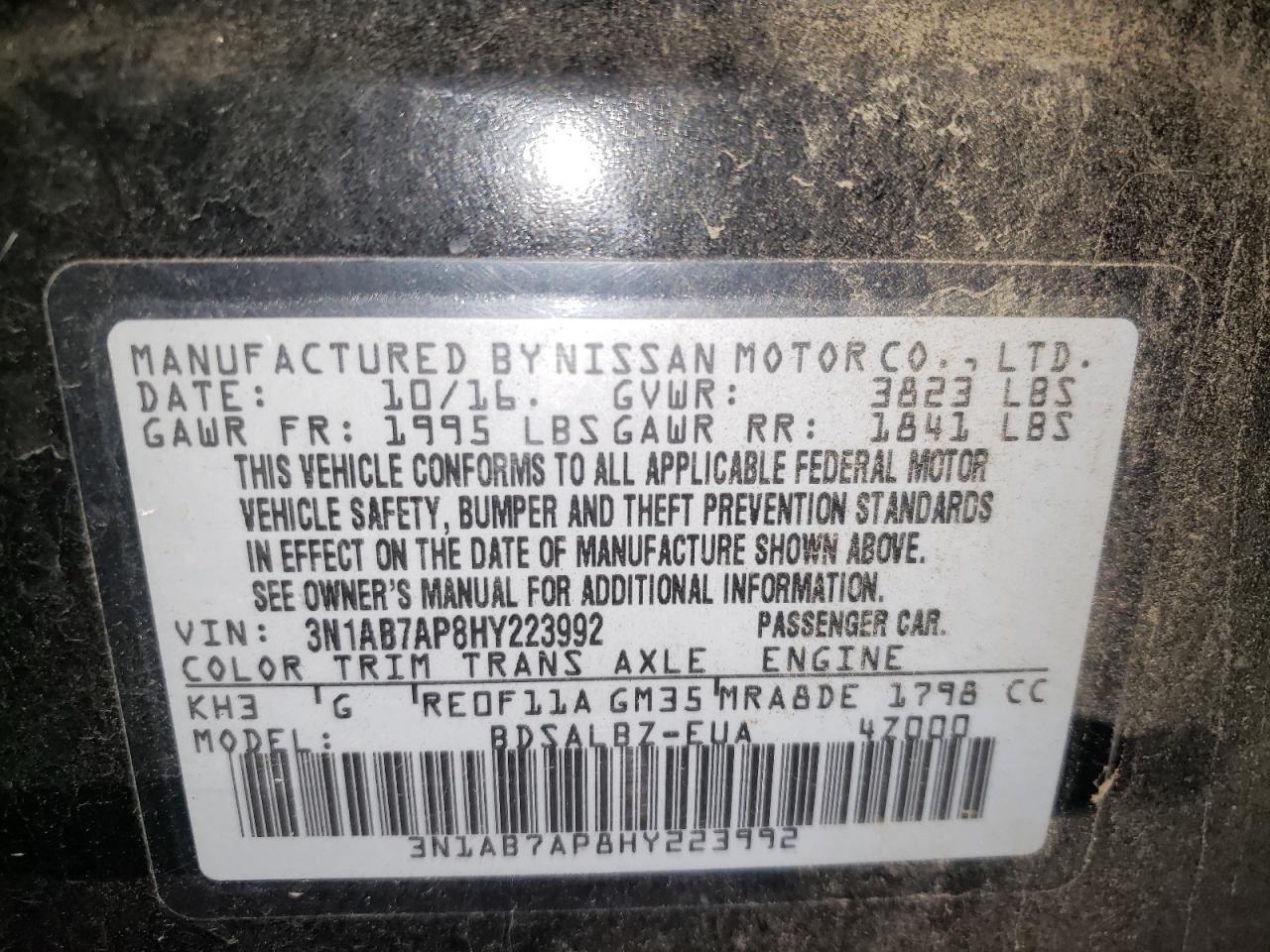 Photo 10 from auction – 2017 NISSAN SENTRA S with VIN 3N1AB7AP8HY223992