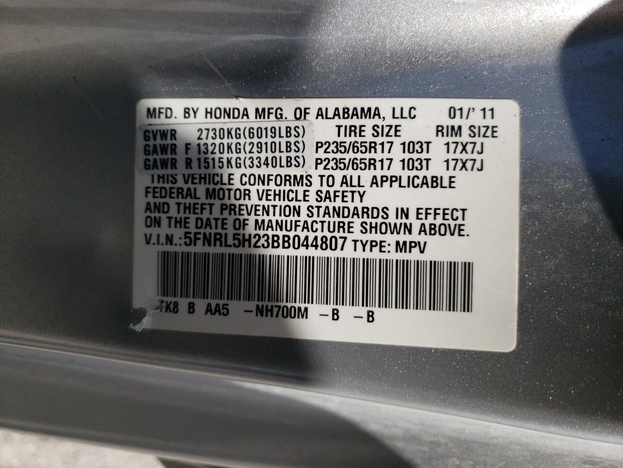 Photo 10 from auction – 2011 HONDA ODYSSEY LX with VIN 5FNRL5H23BB044807