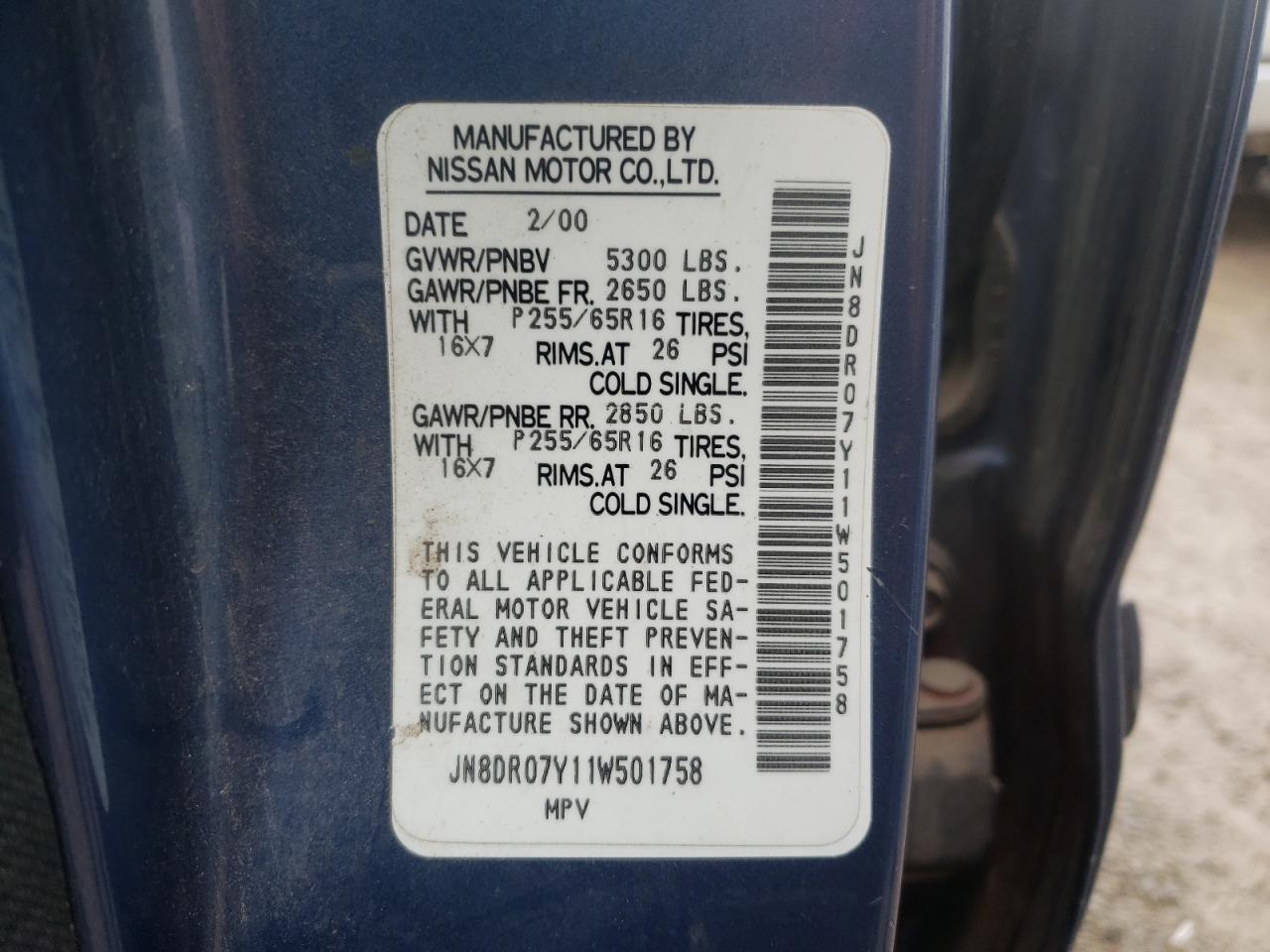 Photo 10 from auction – 2001 NISSAN PATHFINDER with VIN JN8DR07Y11W501758