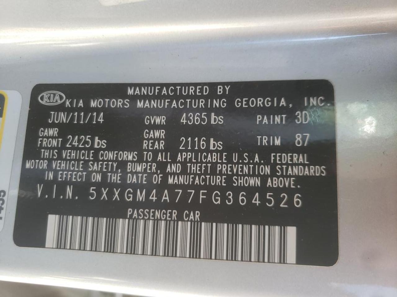 Photo 10 from auction – 2015 KIA OPTIMA LX with VIN 5XXGM4A77FG364526