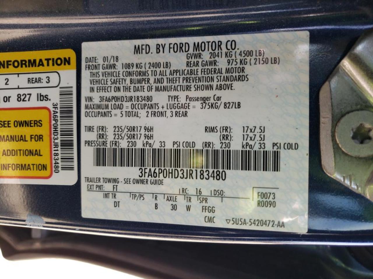 Photo 10 from auction – 2018 FORD FUSION SE with VIN 3FA6P0HD3JR183480