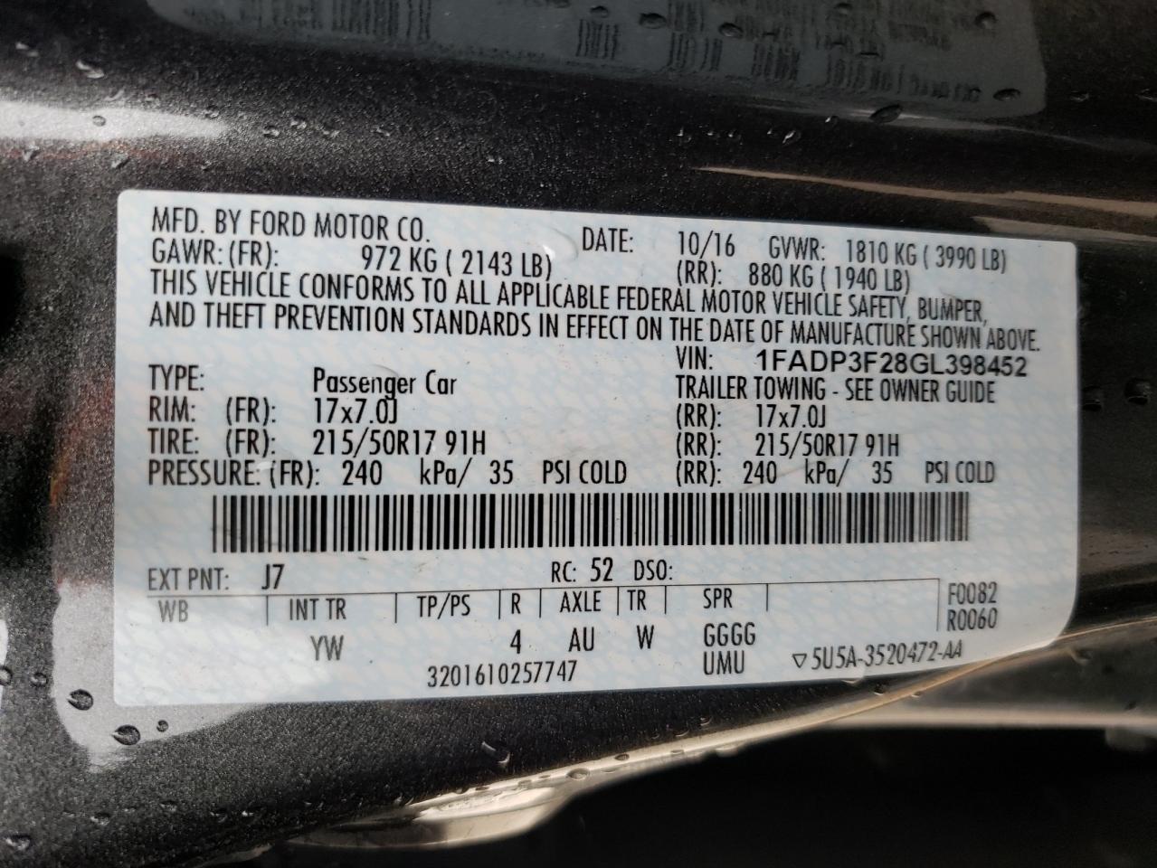 Photo 10 from auction – 2016 FORD FOCUS SE with VIN 1FADP3F28GL398452