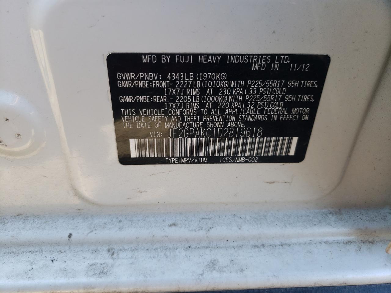 Photo 10 from auction – 2013 SUBARU XV CROSSTR with VIN JF2GPAKC1D2819618