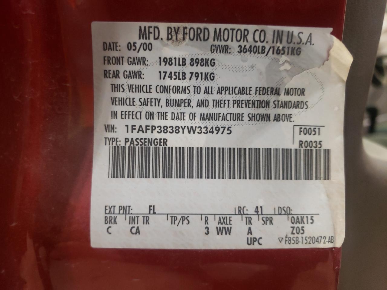 Photo 10 from auction – 2000 FORD FOCUS ZTS with VIN 1FAFP3838YW334975