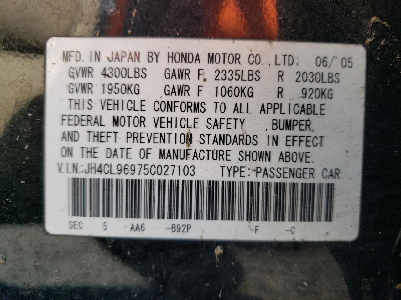 Photo 10 from auction – 2005 ACURA TSX with VIN JH4CL96975C027103