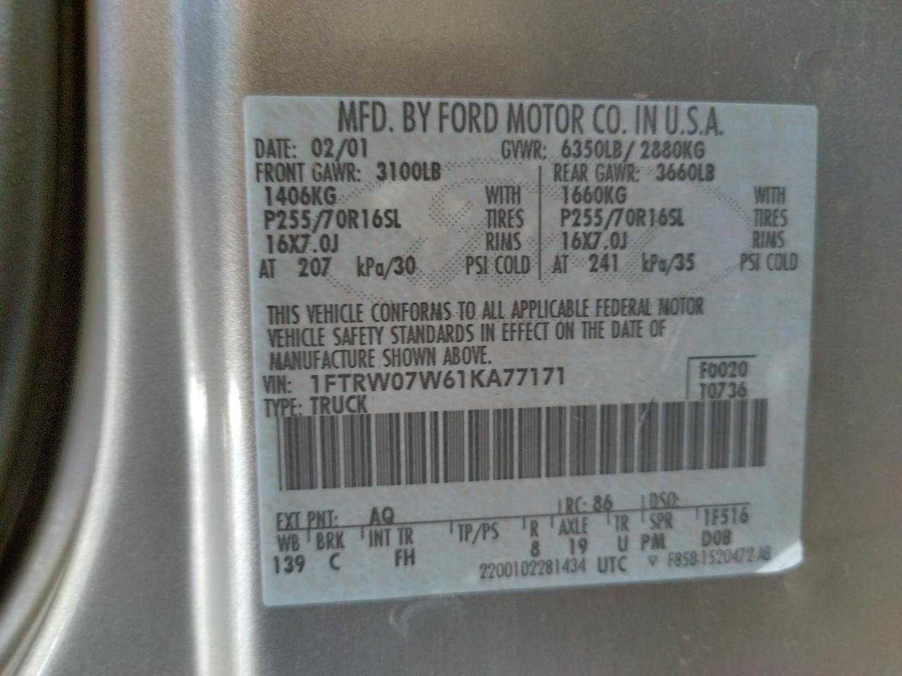 Photo 10 from auction – 2001 FORD F150 SUPER with VIN 1FTRW07W61KA77171