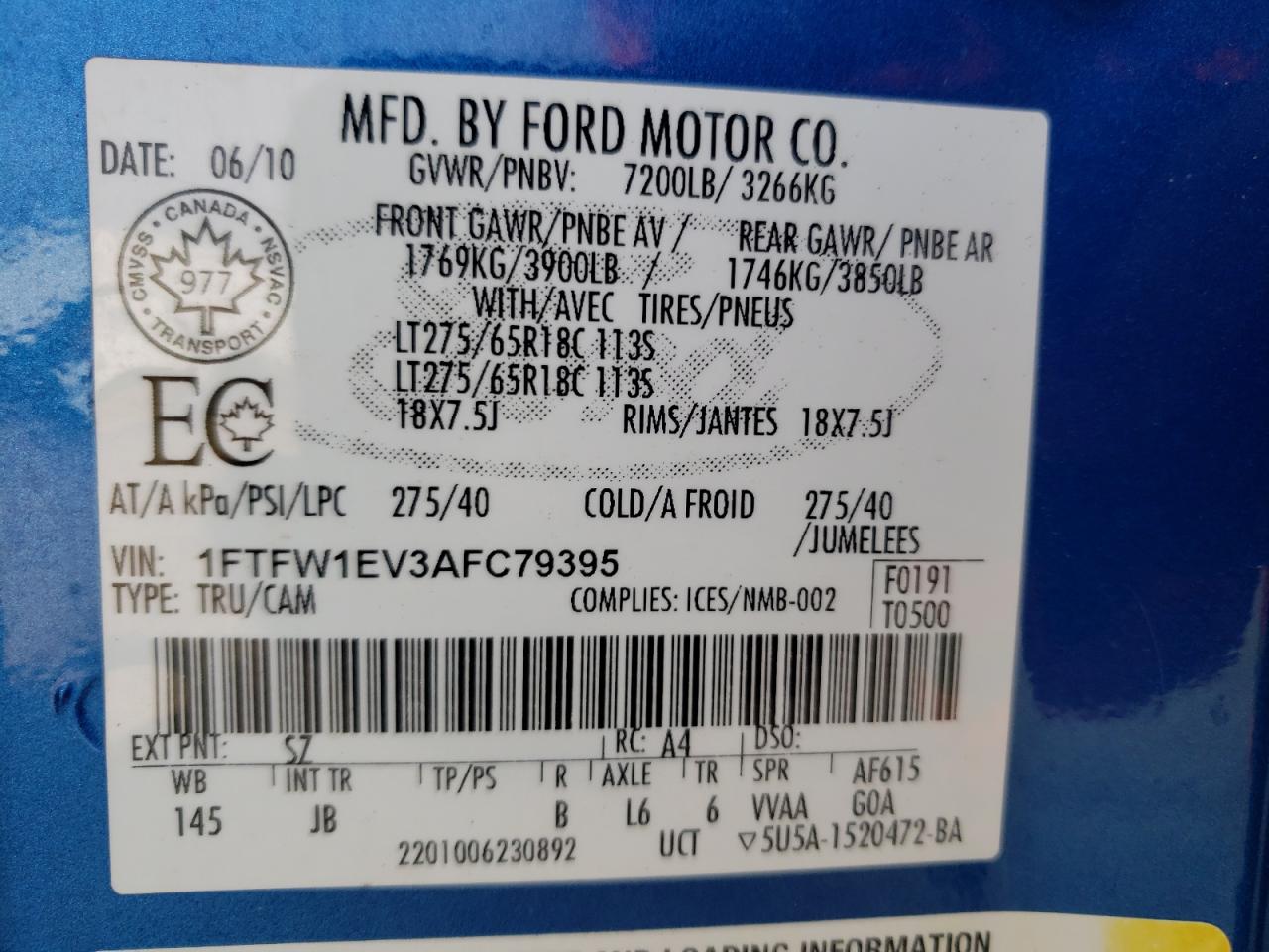 Photo 10 from auction – 2010 FORD F150 SUPER with VIN 1FTFW1EV3AFC79395