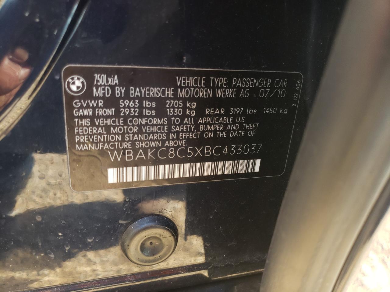 Photo 20 from auction – 2011 BMW 750 LXI with VIN WBAKC8C5XBC433037