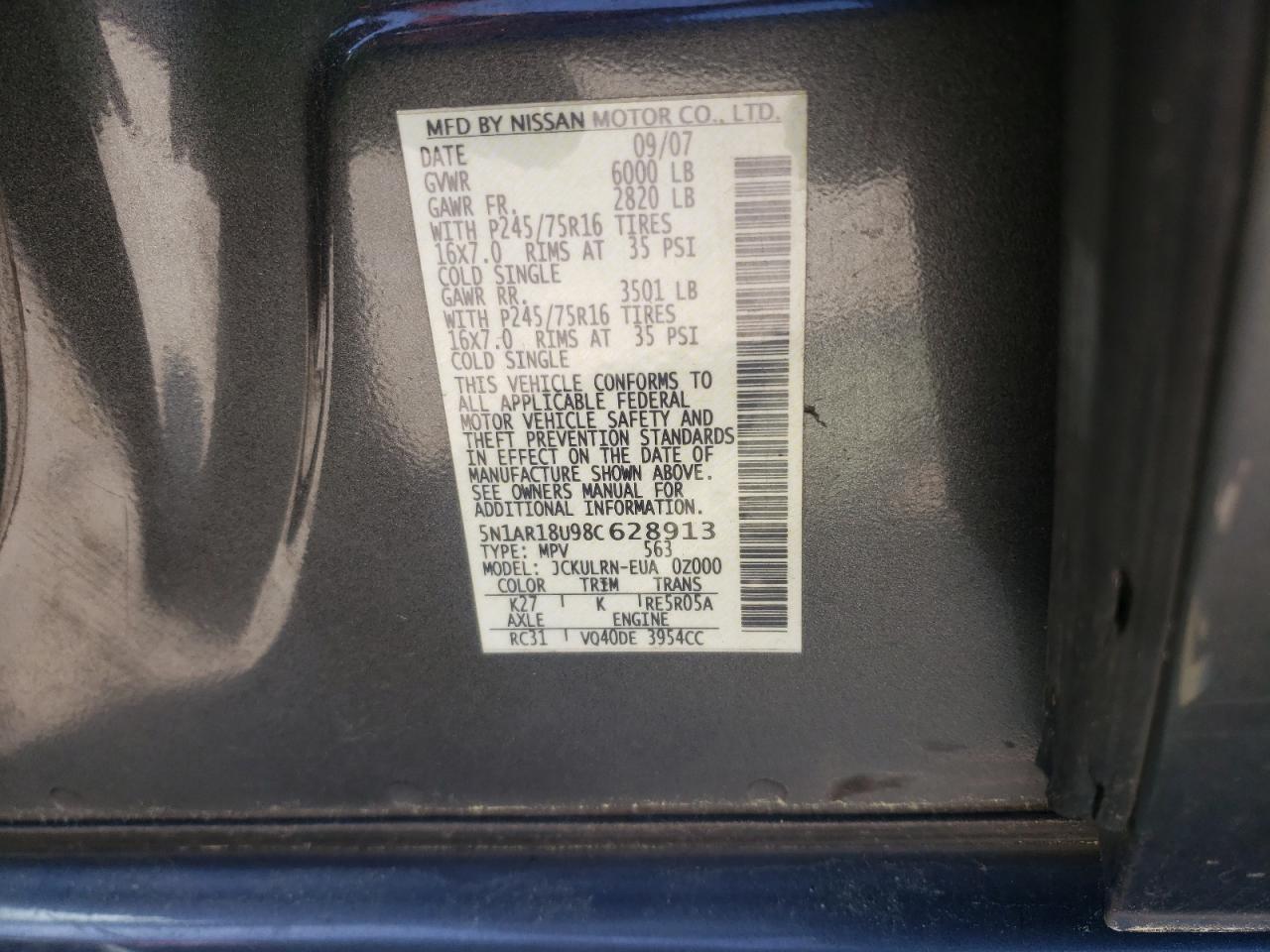 Photo 10 from auction – 2008 NISSAN PATHFINDER with VIN 5N1AR18U98C628913