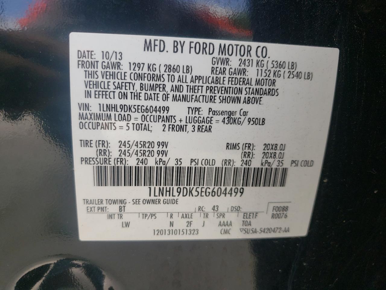 Photo 10 from auction – 2014 LINCOLN MKS with VIN 1LNHL9DK5EG604499
