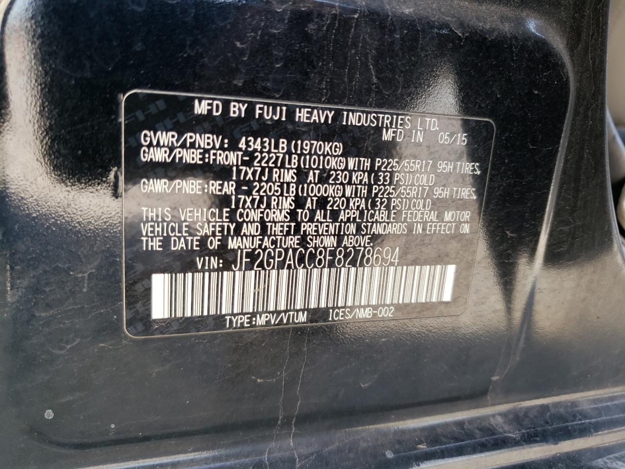 Photo 10 from auction – 2015 SUBARU XV CROSSTR with VIN JF2GPACC8F8278694