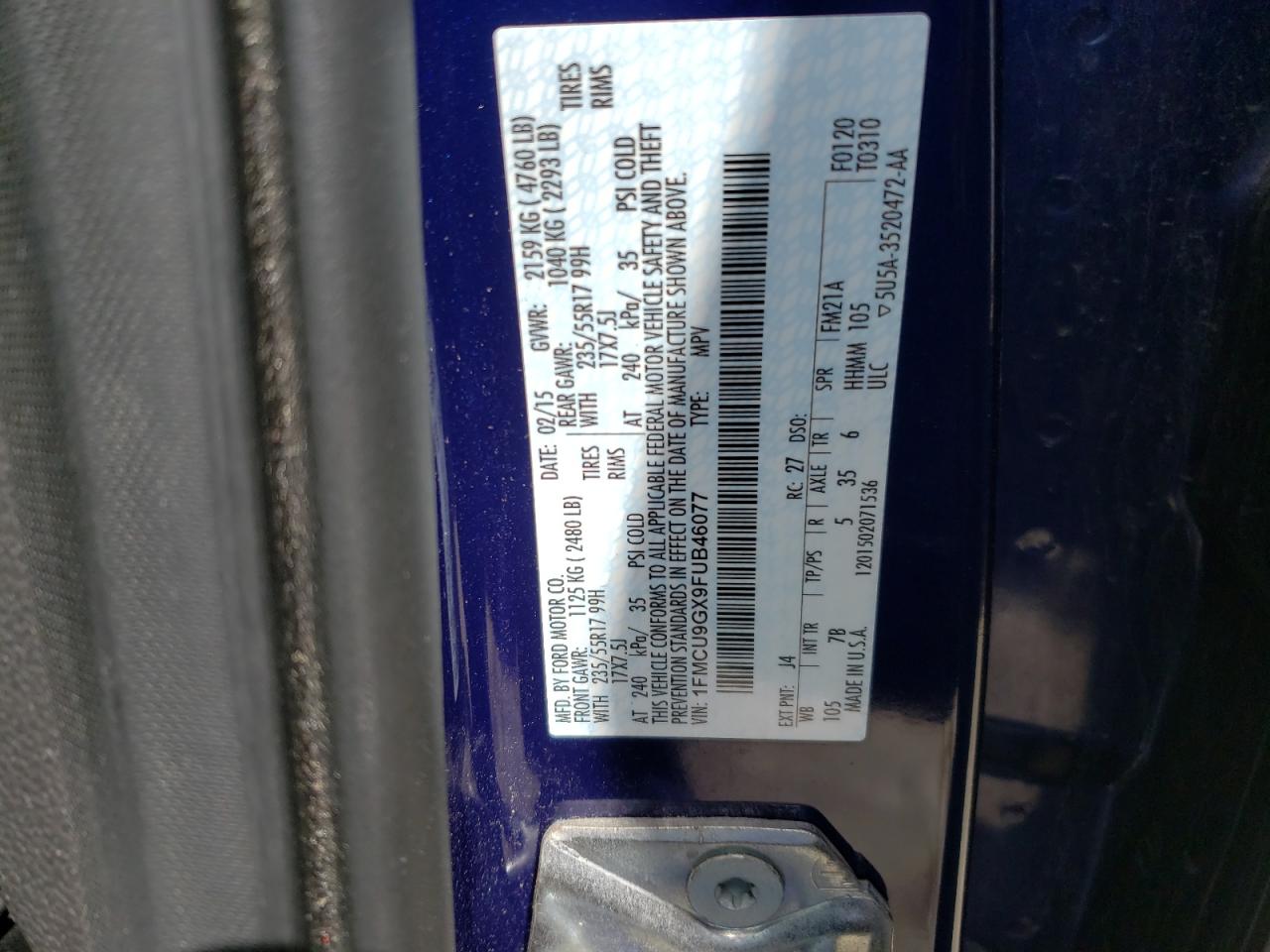 Photo 10 from auction – 2015 FORD ESCAPE SE with VIN 1FMCU9GX9FUB46077