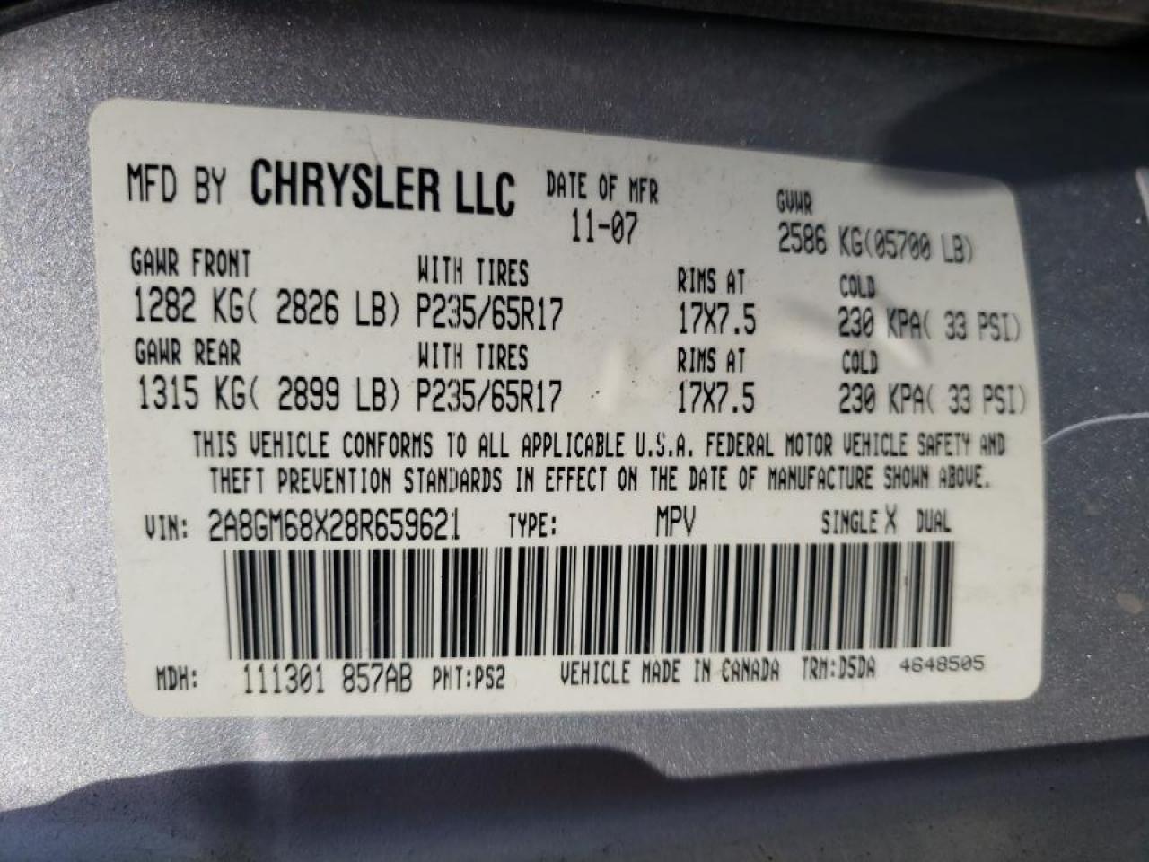 Photo 10 from auction – 2008 CHRYSLER PACIFICA with VIN 2A8GM68X28R659621
