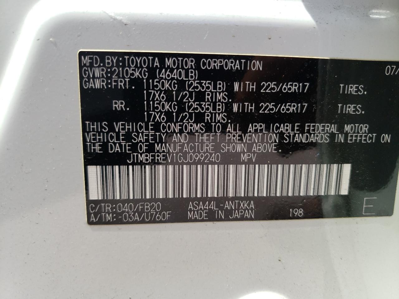 Photo 10 from auction – 2016 TOYOTA RAV4 LE with VIN JTMBFREV1GJ099240