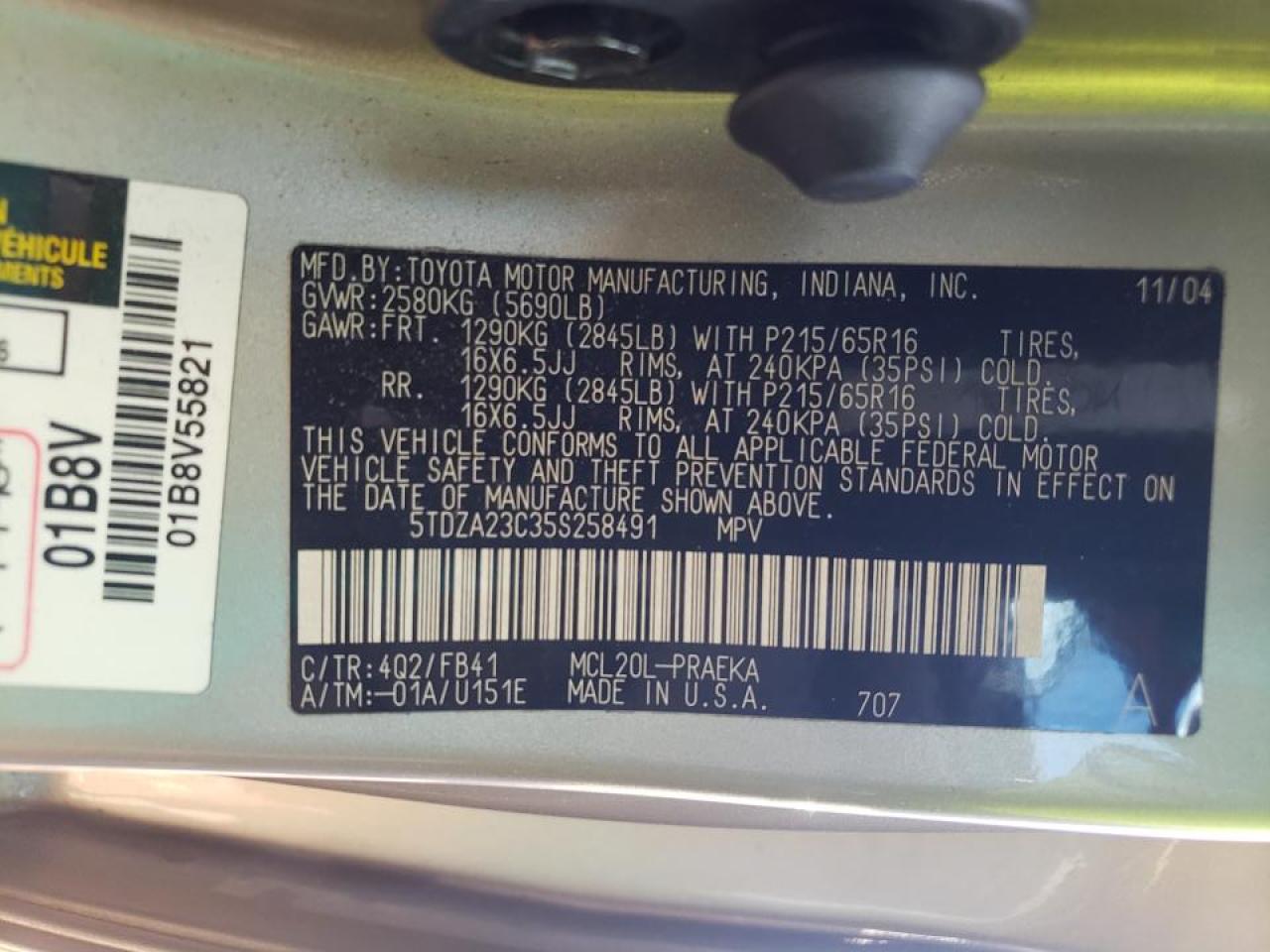 Photo 10 from auction – 2005 TOYOTA SIENNA CE with VIN 5TDZA23C35S258491