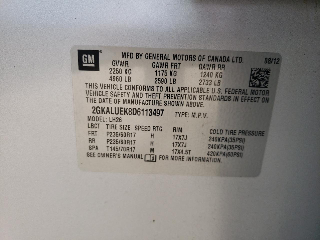 Photo 10 from auction – 2013 GMC TERRAIN SL with VIN 2GKALUEK8D6113497
