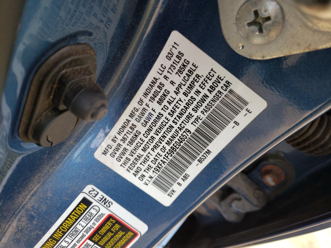 Photo 10 from auction – 2011 HONDA CIVIC LX with VIN 19XFA1F59BE046579