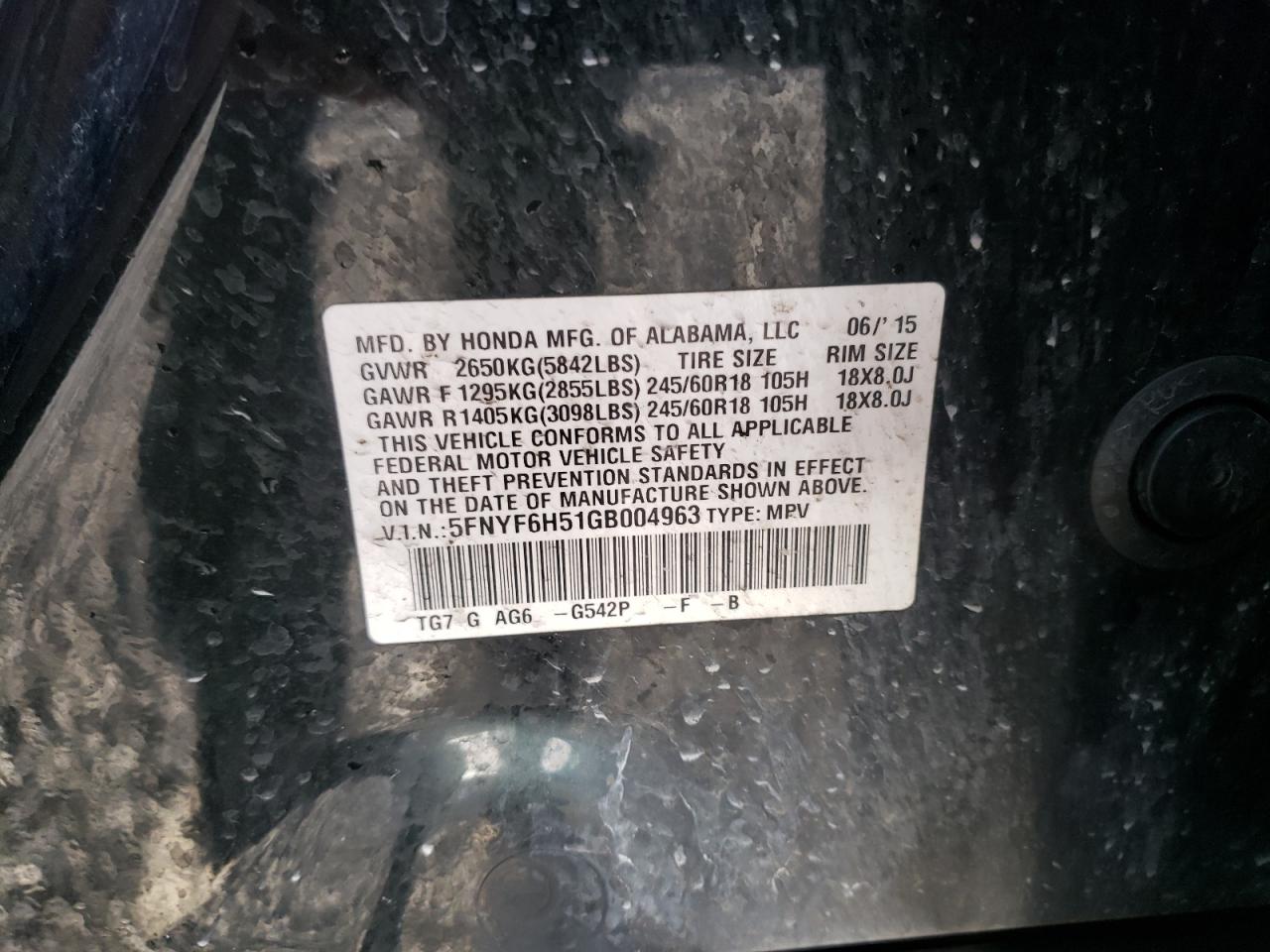 Photo 10 from auction – 2016 HONDA PILOT EXL with VIN 5FNYF6H51GB004963
