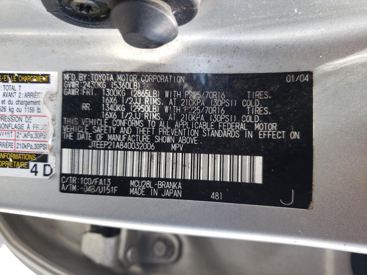 Photo 10 from auction – 2004 TOYOTA HIGHLANDER with VIN JTEEP21A840032006