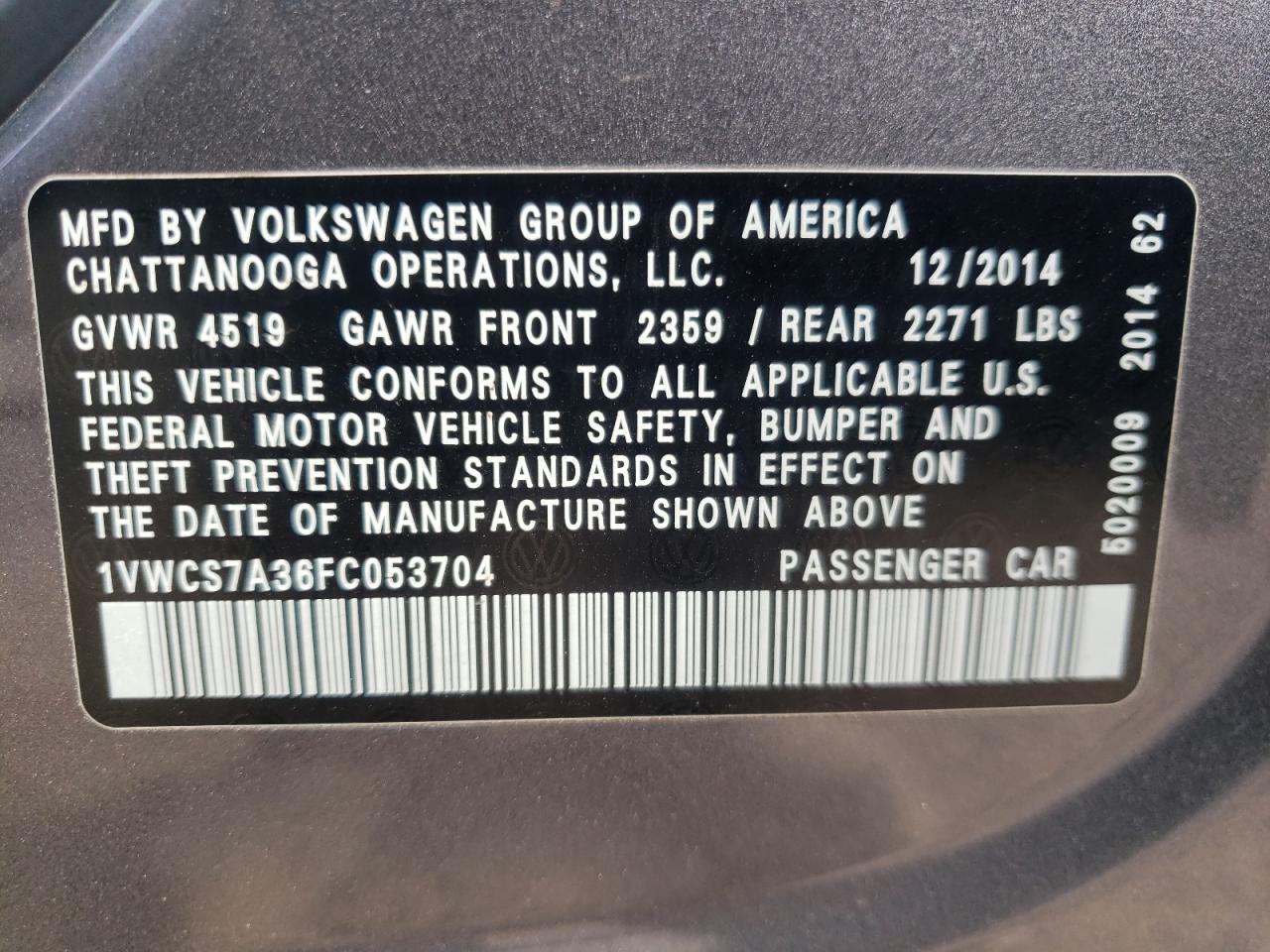 Photo 10 from auction – 2015 VOLKSWAGEN PASSAT SEL with VIN 1VWCS7A36FC053704