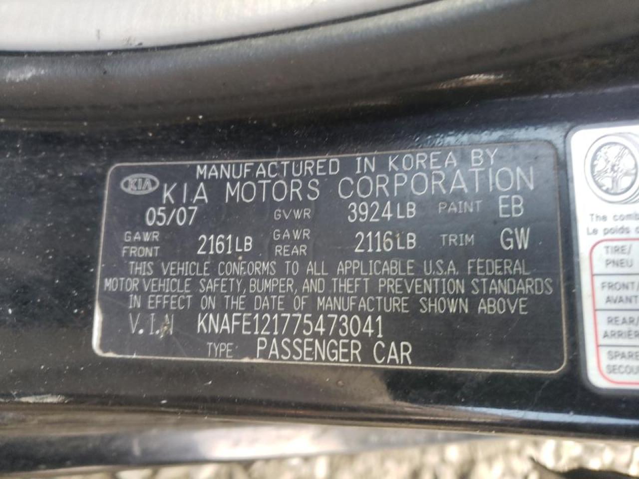 Photo 10 from auction – 2007 KIA SPECTRA EX with VIN KNAFE121775473041