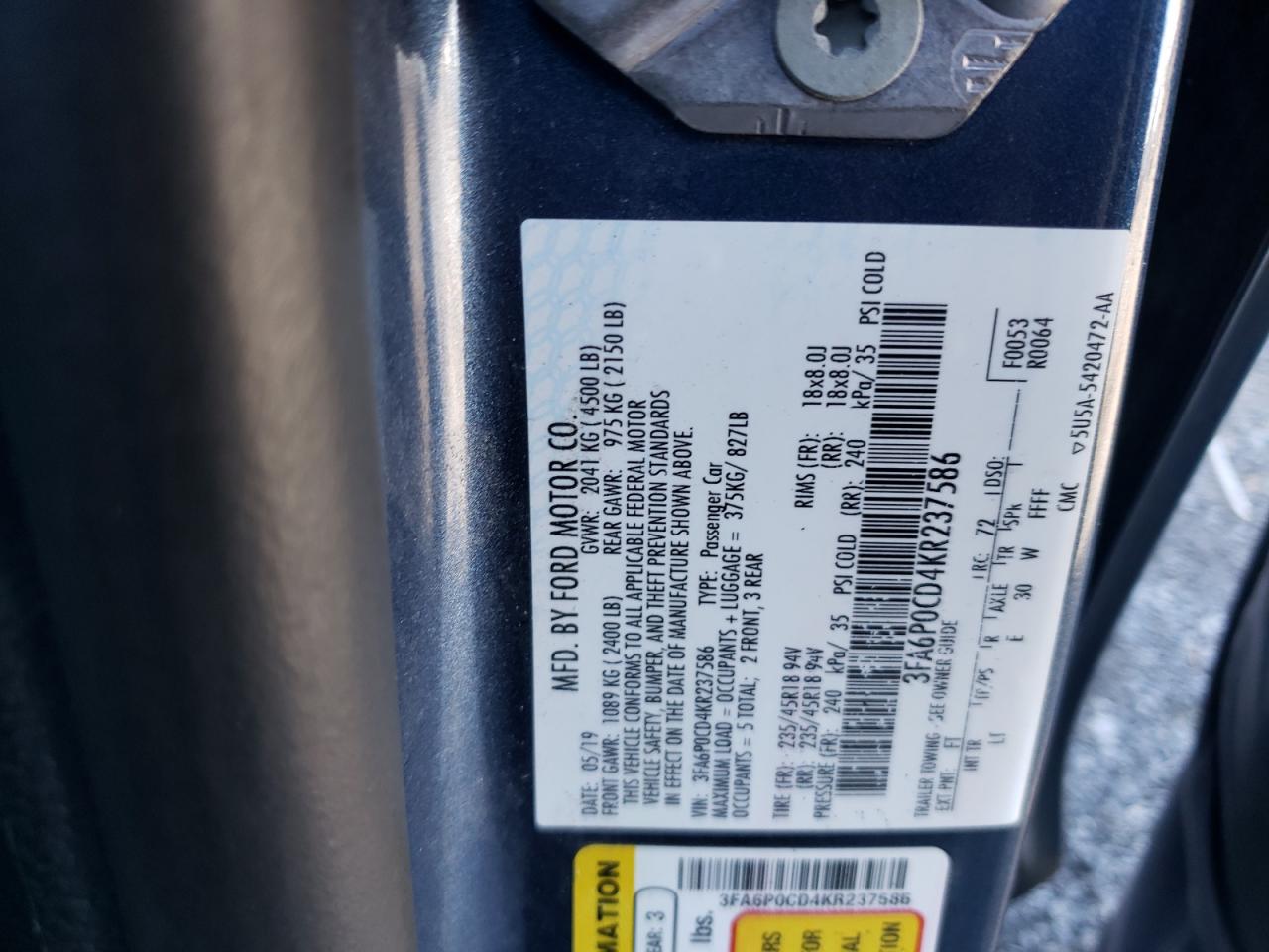Photo 10 from auction – 2019 FORD FUSION SEL with VIN 3FA6P0CD4KR237586