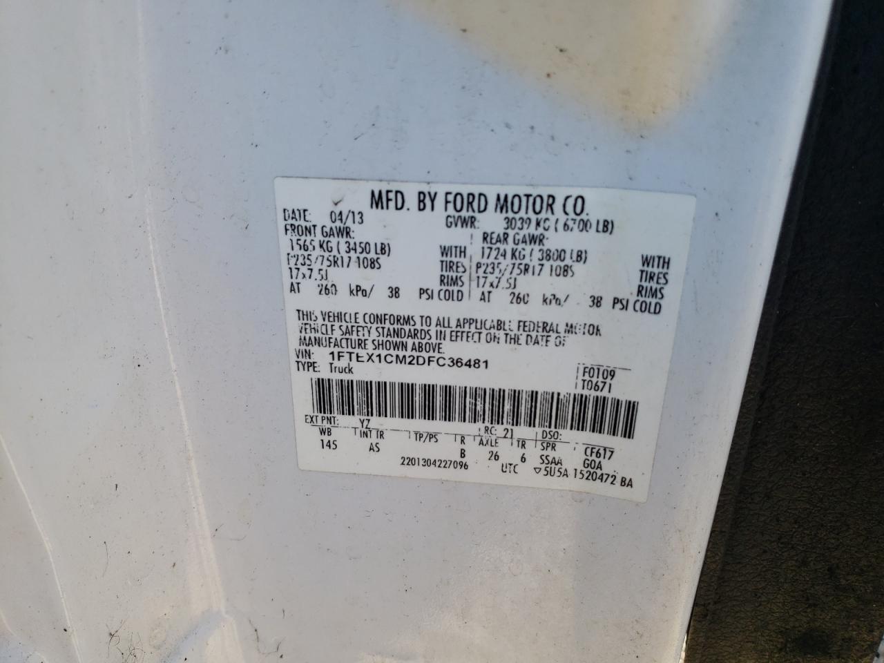 Photo 10 from auction – 2013 FORD F150 SUPER with VIN 1FTEX1CM2DFC36481