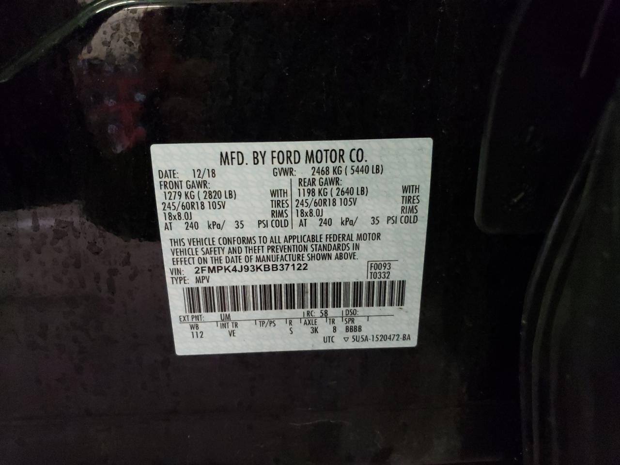 Photo 10 from auction – 2019 FORD EDGE SEL with VIN 2FMPK4J93KBB37122