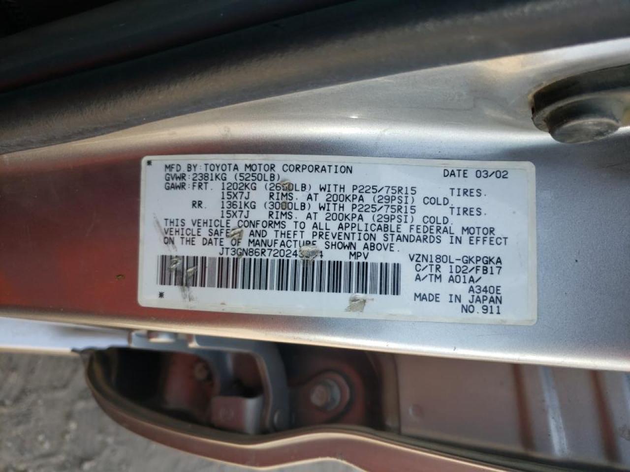 Photo 10 from auction – 2002 TOYOTA 4RUNNER SR with VIN JT3GN86R720243834