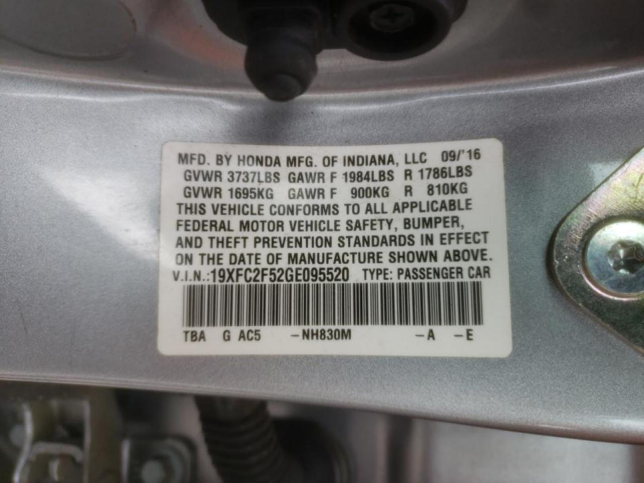 Photo 10 from auction – 2016 HONDA CIVIC LX with VIN 19XFC2F52GE095520