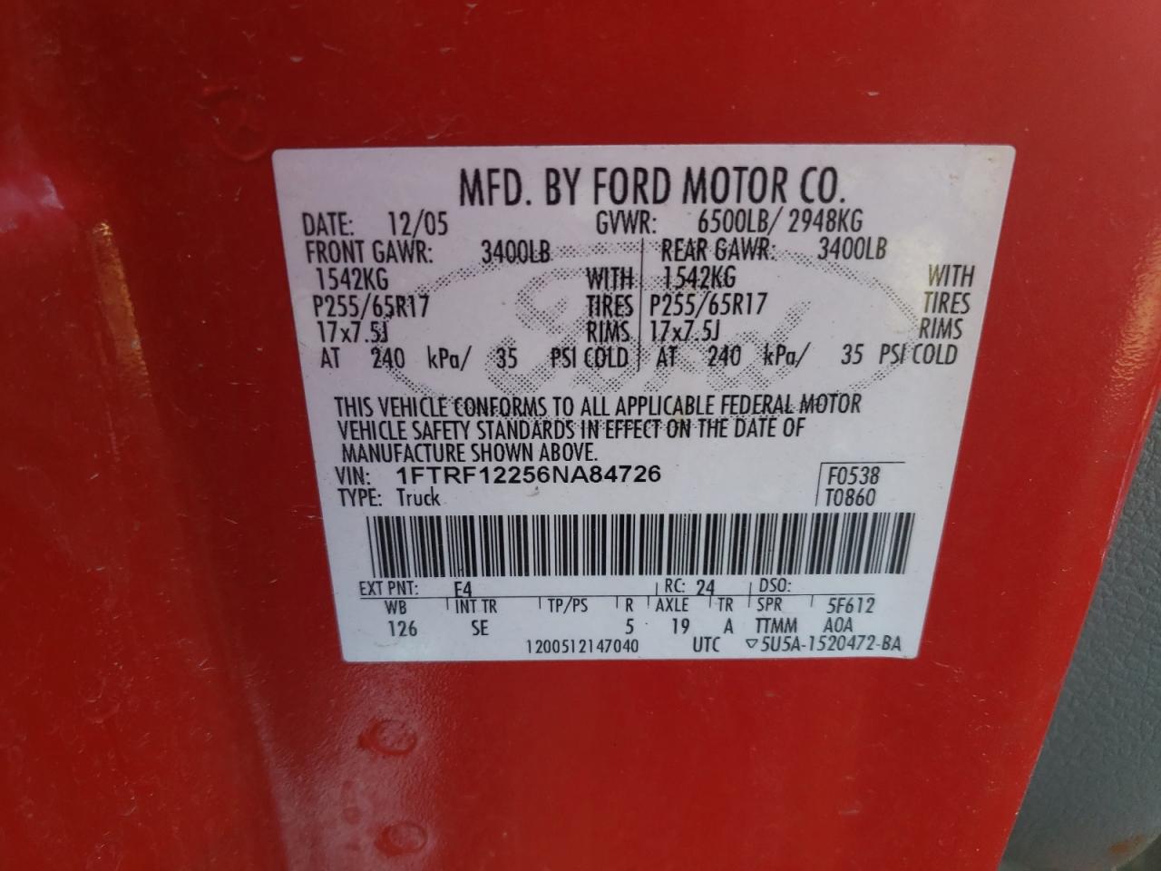 Photo 10 from auction – 2006 FORD F150 with VIN 1FTRF12256NA84726