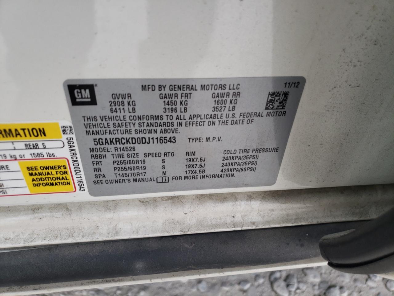 Photo 10 from auction – 2013 BUICK ENCLAVE with VIN 5GAKRCKD0DJ116543
